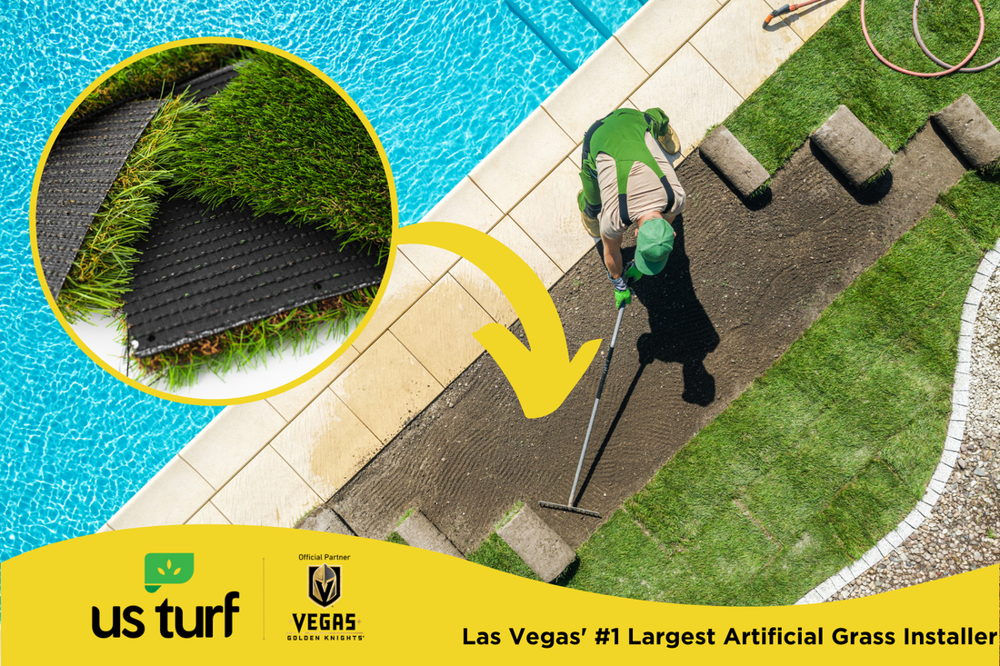 Birdseye photo of a man removing real grass next to a pool and installing artificial turf