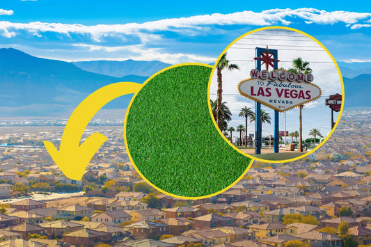 overhead photo of Las Vegas valley with welcome to las vegas sign and artificial turf circle overlays