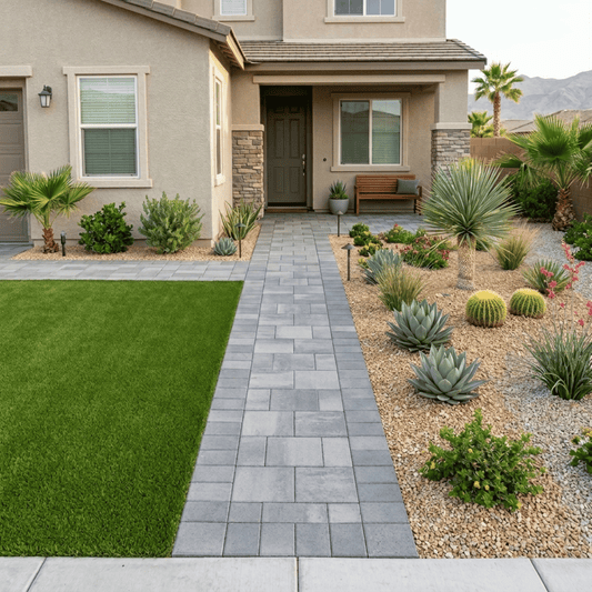 Las Vegas front yard with artificial grass, and a gray paver walk way