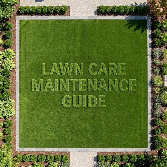 A photo of widespread lawn with letters mowed out of the center, spelling LAWN CARE MAINTENANCE GUIDE