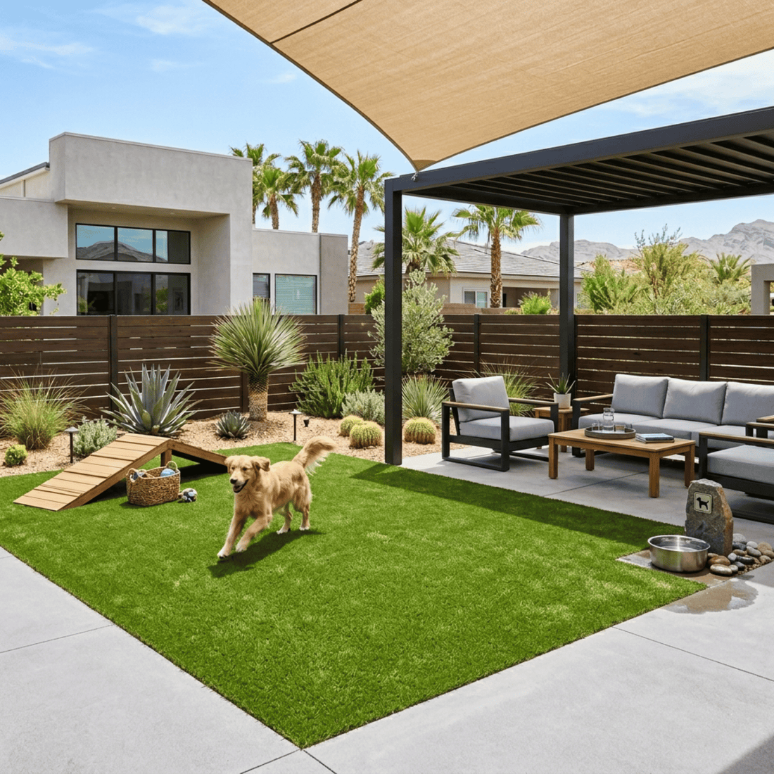 Golden retriever playing on artificial grass in a modern Las Vegas yard 