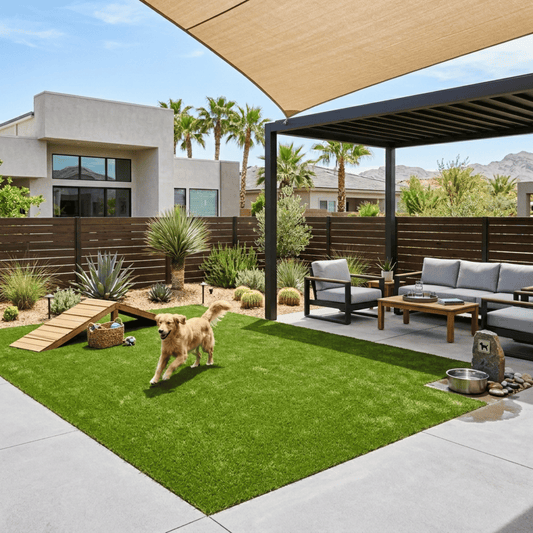 Golden retriever playing on artificial grass in a modern Las Vegas yard 