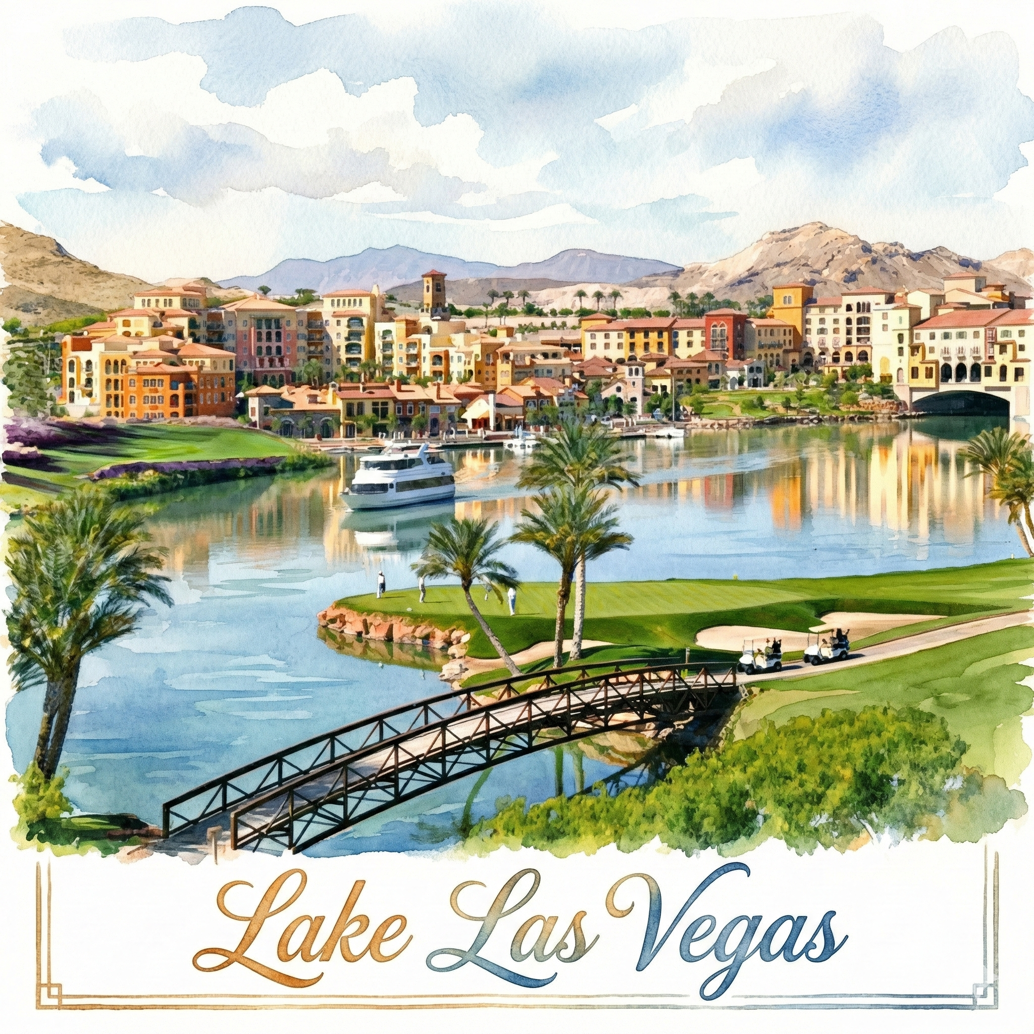 Scenic view of Lake Las Vegas with buildings, boats, and a bridge.