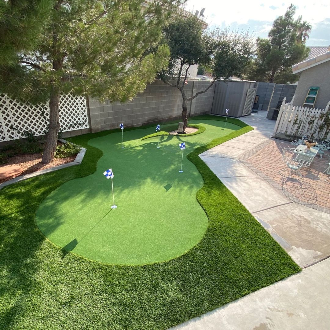 A US Turf-installed Las Vegas valley yard — financed projects look identical to cash projects, with the same premium turf, edging, and finish.