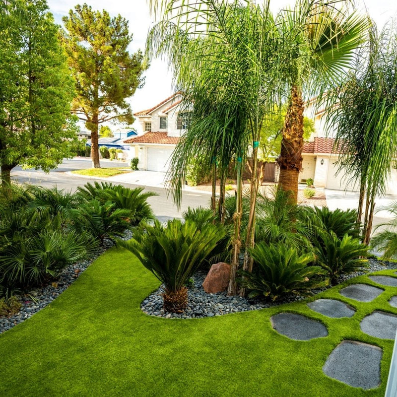 Palm-lined community frontage with artificial turf in the Las Vegas valley