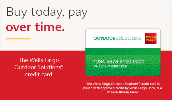Wells Fargo Outdoor Solutions credit card advertisement with a green card on a red and white background.